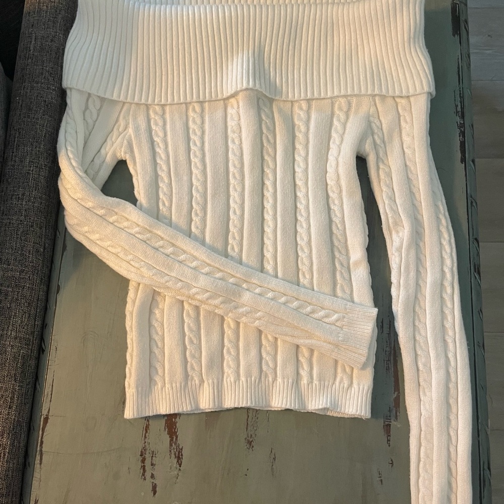 Say What? Off-the-Shoulder Cable Knit Sweater in Cream